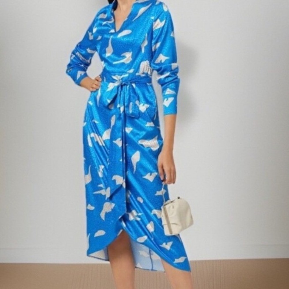 NEW Never Fully Dressed Blue Skyla Midi Wrap Dress Women's 6 Bird Print